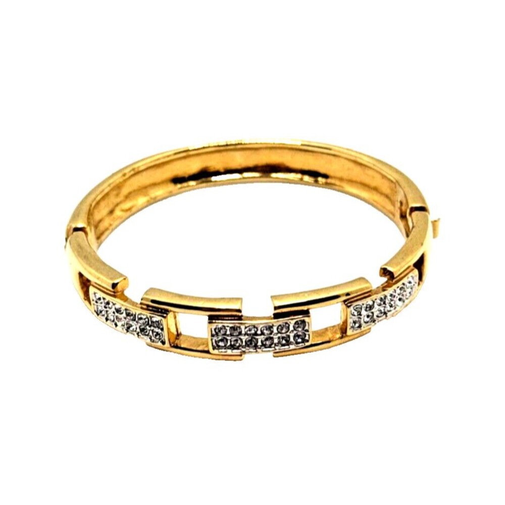Rhinestone Link Bangle Bracelet Gold Tone Statement Hinged Runway Jewelry 7"